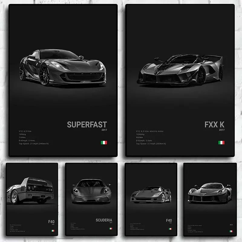 Pop Black and White Italy Cars Luxury Super Sport Car Poster Aesthetic F40 GTO GTB Canvas Print for Wall Art Garage Room Decor