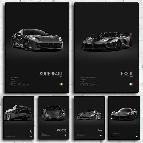 Pop Black and White Italy Cars Luxury Super Sport Car Poster Aesthetic F40 GTO GTB Canvas Print for Wall Art Garage Room Decor