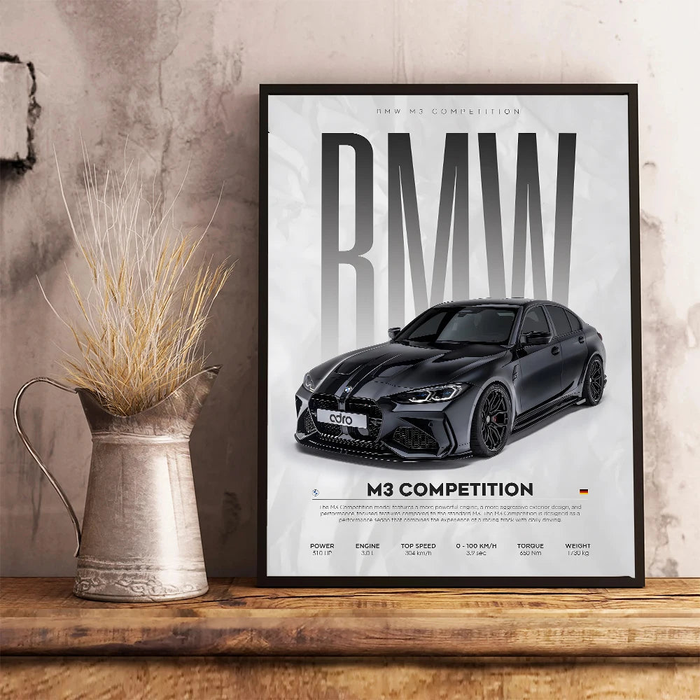 Black Famous Cars Competition Poster Picture Mural Modern Canvas Painting Wall Art Home Decoration Print for Living Room Decor